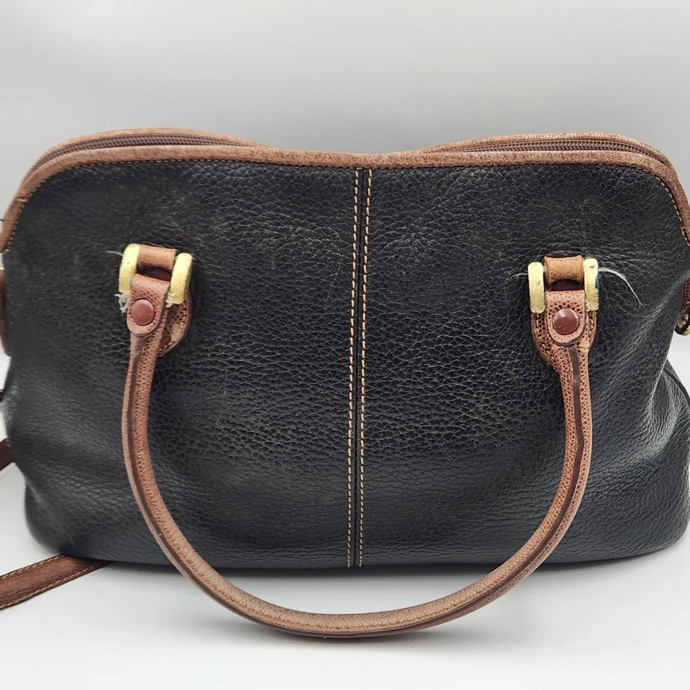 Vintage Liz Claiborne Leather Satchel Black Brown Bag Made in Korea‎ 12 Inch